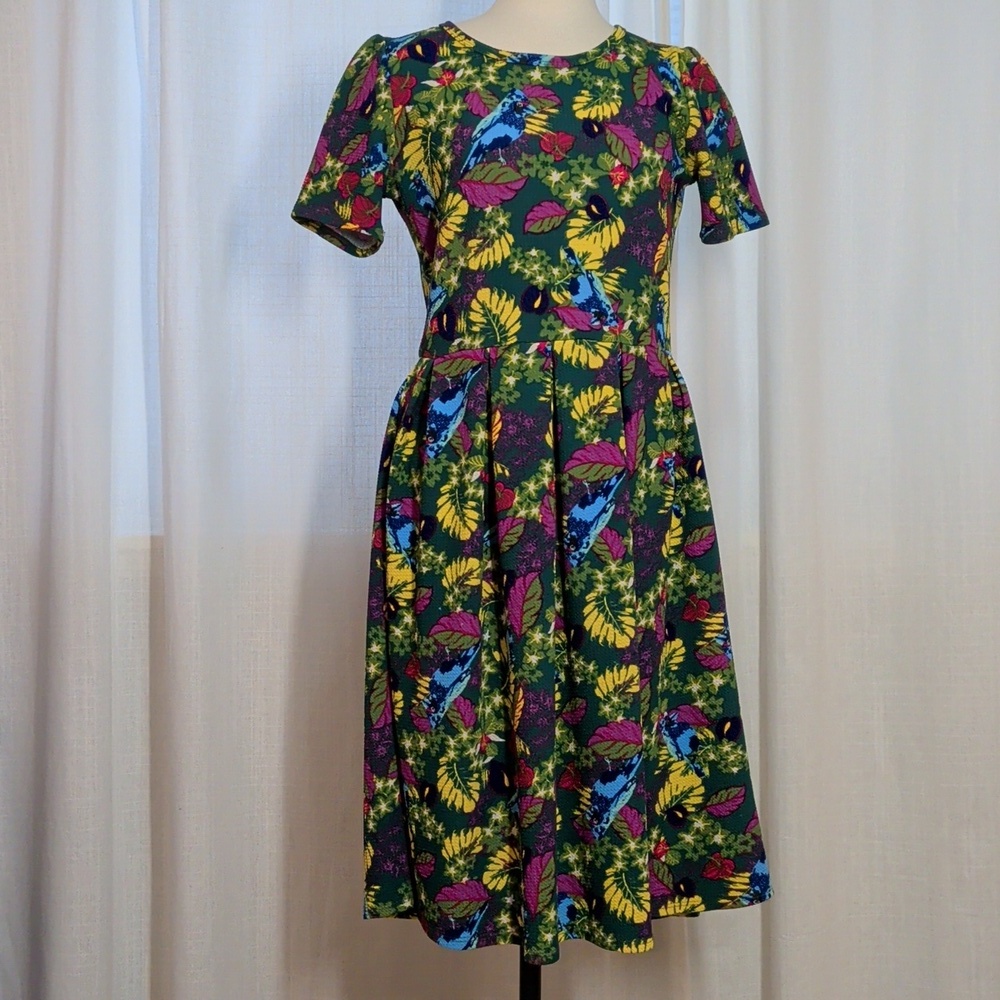 Vibrant Green & Yellow Floral & Bird Midi Dress - Pockets!!